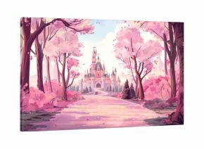 wallpaper illustration of a princess castle, pink castle and pink forest cartoon, pink tree