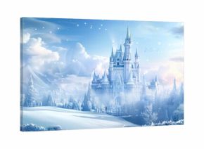 Magic Castle in a winter wonderland. Fantasy snowy landscape. Winter castle on the mountain, winter forest