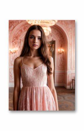 Portrait of teenager stylish girl in light pink dress posing in mystery decorated room, looking at camera. Fashionable teen princess indoors. Fantasy art photo, fairy tale concept. Copy ad text space