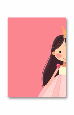 A cartoon illustration of a smiling princess wearing a crown and a pink dress, with a pink background.