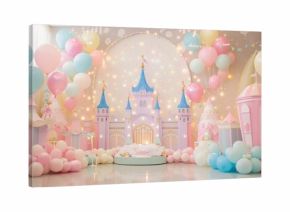 glossy laminate floor and a wall covered in whimsical children's princess party decorations, featuring castles, fairy lights, and pastel-colored balloons