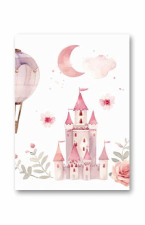 Pink Watercolor Unicorn, Castle, Hot Air Balloon and Flowers Illustration.