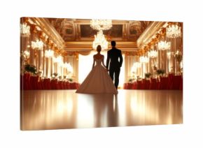 wide-angle view of a prince and princess dancing in a grand ballroom with crystal chandeliers and ornate decorations 