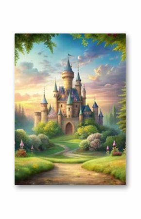 Fantasy castle surrounded by a seamless background of floral and nature-themed elements, fantasy, castle,floral