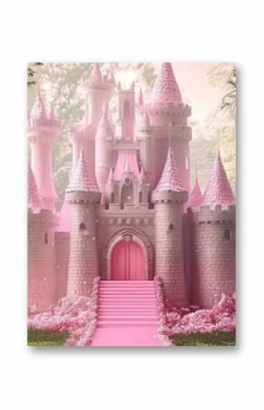 Enchanting 3D Pink Castle Backdrop for Cake Smash Princess - Photorealistic Forest Background with High Resolution Detail