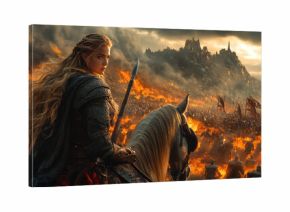 Warrior princess on armored horse, spear ready, amidst chaotic battle.generative ai