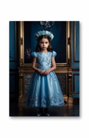 Portrait little girl princess posing in art light blue dress with wreath of flowers on head, stands in mystery decorated room, looking at camera. Fantasy art photo, fairy tale concept. Copy space