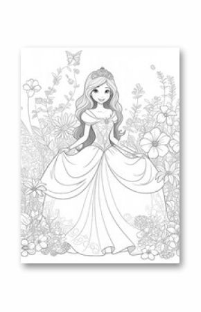 Black and white coloring page of cartoon princess with lots of flowers, outline digital illustration and pencil drawing for kids and adult.