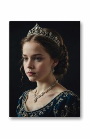 Portrait of a girl wearing a princess or countess dress over dark studio