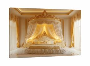 luxurious princess bed with golden accents, flowing curtains and majestic crown canopy, fit for royalty opulent childs bedroom retreat idea