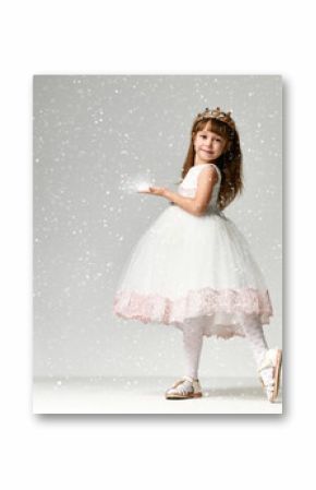 Young little girl model in the white communion  winter dress stands in gold crown with expensive gems