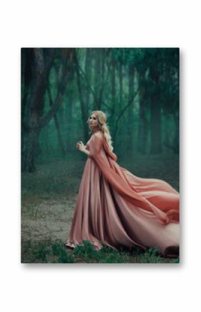 A mysterious blonde girl in a long pink dress with a train and a raincoat that flutters in the wind. The wizard leaves in a forest covered with fog. A background of trees with a haze away. Art photo