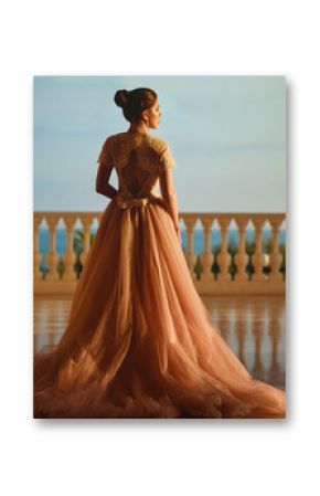 Beautiful woman in luxurious ballroom dress with tulle skirt and lacy top standing on the large balcony with sea view. Back view