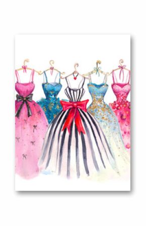  Watercolor fashion illustration. Elegant dresses. fashionable women's dress.