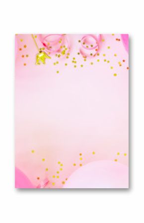 Pink birthday background with balloons, confetti and streamers