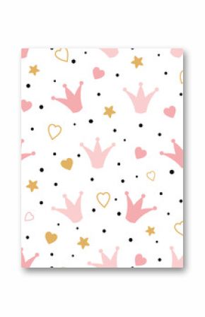 Seamess pattern with doodle pink crowns hearts Baby girl wallpaper Little princess design