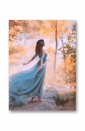 delightful light girl in sky blue turquoise dress with long flying train, princess of wind and daughter of storm, lady with dark hair throws fallen leaves to ground, autumn story in art processing.