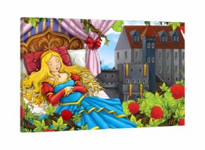 Cartoon scene of rose garden with sleeping princess near castle in the background illustration for children