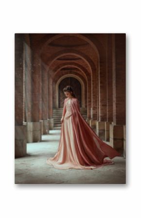 Sad princess in a vintage royal nude powdery color dress and in a cloak that flies in the wind. The magical Rays of the sun and hope pour on a woman through the columns. Long dark hair with a tiara.