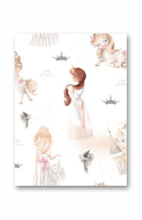 Cute girl, princess seamless, tileable pattern - princesses, unicorns, magic castle, birds and crowns on white background