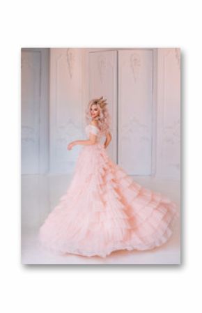 Cheerful beautiful princess girl blonde laugh smiling. Luxury ballroom evening elegant trendy tulle pink dress fluttering fly motion. Happy cute face Queen. woman enjoy holiday. Backdrop white room.