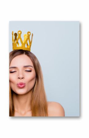 Close up photo portrait of cute pretty attractive brunette she her girlfriend making wish prince would come from far far away to save prisoned princess isolated on grey background