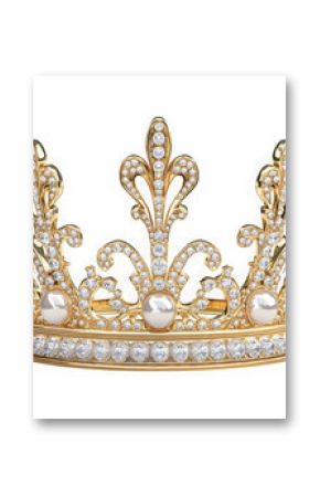 Luxury golden crown with pearls and diamonds tiara jewel royalty queen princess headwear elegant glamour treasure isolated on transparent background