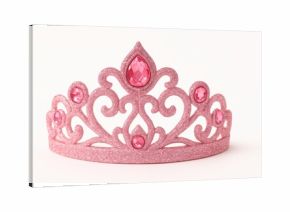 Sparkling pink princess tiara or crown, adorned with faux gemstones and glitter, isolated on a clean white background, symbolizing royalty, fantasy, childhood dreams, or a bridal accessory.