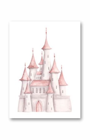 Pink dreams. Watercolor hand-drawn illustration with fairy white princess castle with pink roof. Fairytale illustration for baby girl. For design baby shower, birthday, girls's parties and nursery.