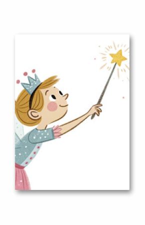 Fantasy cartoon fairy with magic wand, a beautiful winged princess illustration