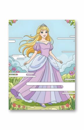 A coloring page for a kids' coloring book featuring a princess in a gown standing in a garden, with simple, easy-to-color shapes.