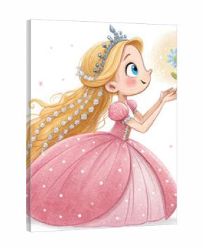 A young princess with long golden braids and a sparkling pink ball gown decorated with tiny white pearls. Her tiara glistens in the light, and her big blue eyes shine with excitement