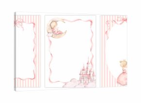 Pink dreams. Watercolor hand-drawn clip art with frames. For little princess with pink striped, fairy castle, princess, ribbons and bow. Template card for design girls's parties and nursery.