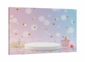 Elegant princess scene featuring a tiara, perfume, and a podium, perfect for beauty product display.