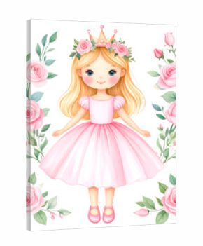 Watercolor Enchanting Princess in Bloom: An endearing illustration portrays a radiant princess adorned with a floral crown and surrounded by delicate roses, embodying a world of fantasy and charm.