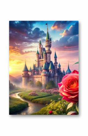 Enchanted scenes of a magical castle, a beautiful rose, and mystical creatures in a fairy tale world