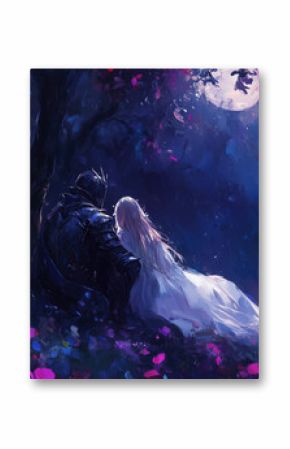 A romantic and melancholic piece of art in a dark fantasy style, depicting a princess and a knight standing in a field filled with colorful flowers.