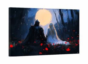 A romantic and melancholic artwork of a princess and a knight in dark fantasy style, standing in a field filled with vividly blood-red flowers