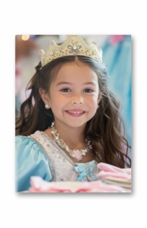 A joyful girl in a princess costume smiles at a birthday party surrounded by friends and festive decorations.