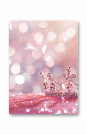 A beautiful princess tiara sits on a bed of pink silk. The tiara is made of silver and sparkles in the light. The pink silk is soft and luxurious.