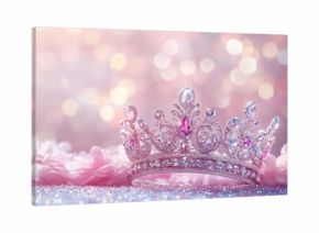 A pink and gold tiara with pink stones on it sits on a table