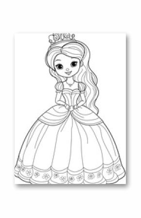 Beautiful Princess with a Crown and a Long Flowing Dress Illustration for Coloring