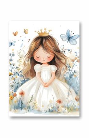Children's watercolor poster featuring a cute, gentle princess surrounded by flowers. Perfect for a child's room or nursery decor