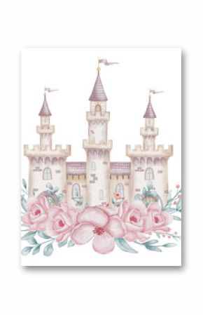 Watercolor illustration of a fairytale Castle with pink Flowers and greenery. Drawing for children decor, nursery posters, birthday cards, or princess invitations. Whimsical and magical fortress.