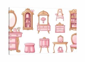 Pink princess room vintage furniture set. Vector cartoon illustration of luxury interior elements, antique or baroque style dressing table, mirror, chair, bookcase and girl portrait