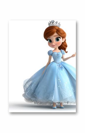 A cartoon princess in a blue dress is standing in front of a white background