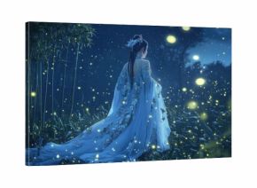 A graceful Chinese princess wearing a flowing silk dress stands in a bamboo forest background wallpaper AI generated image