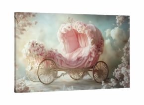 Newborn pink princess vintage carriage digital backdrop, baby photography background, floral fairytale theme.