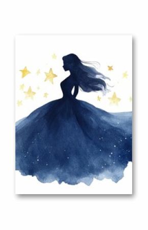 Whimsical watercolor painting showcasing a princess silhouette in a flowing ballgown surrounded by a starry night sky filled with shimmering celestial elements