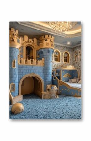 A fairytale-themed playroom for children, featuring castle-shaped furniture, princess decor, and a magical ambiance.